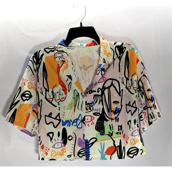 SHEIN Women's White/Multi Graffiti Graphic Button-Up Short Sleeve Crop Top SZ S - Picture 1 of 9